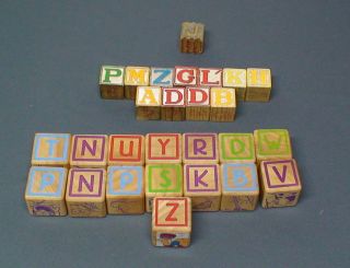   Asst Vintage Wood Blocks 13 Large Disney & 12 Smaller Alphabet Blocks