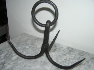   18TH C EARLY WROUGHT IRON PRIMITIVE HERB MEAT GRAPPLING HOOK HANGER