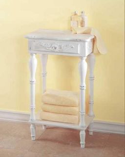 CARVED WHITE SHABBY WOOD SIDE END NIGHTSTAND TABLE W/ DRAWER & SHELF