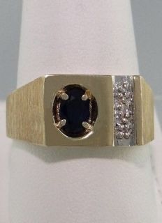   10K YELLOW GOLD 6x4mm OVAL BLUE SAPPHIRE 3 ROUND DIAMOND RING 10mm