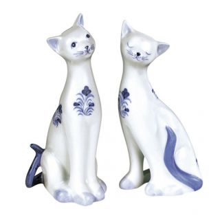 ANDREA BY SADEK Set of 2 Blue & White 6 Porcelain Cat Figurines 