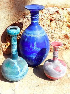 SET 3 JAR ANTIQUE ANCIENT ROMAN GLASS JUG VASE TRAILED BOTTLE 