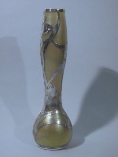 Alvin American Sterling Silver Overlay Loetz Bohemian Glass Vase Art 