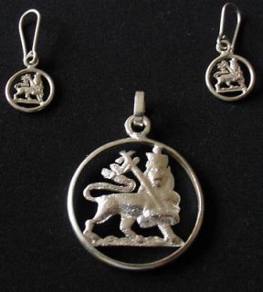  AFRICAN SILVER LION OF JUDAH NECKLACE PENDENT WITH MATCHING EAR RING