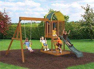 Kids Backyard Wooden Swingset Wood Swing Set Kit + Fort Slide 