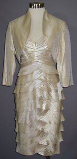 ADRIANNA PAPELL Champagne Tiered Hammered Satin Sheath Dress 