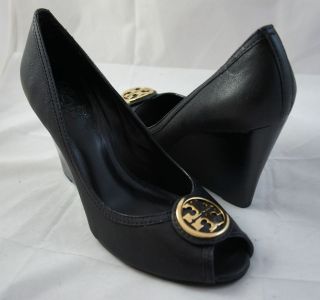 TORY BURCH Sally Peep Toe Wedge Heels BLACK Leather Women Size 11