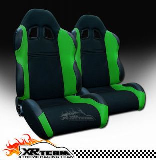 2x Left+Right Blk/Green Fabric & PVC Leather Reclinable Racing Seats 