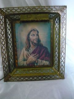 Rare Brass Vintage Holographic Lighted Jesus Picture 1950s  1960s