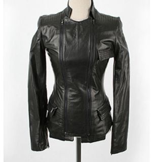 New Womens Black ZIP Faux Leather Biker Trim Jacket