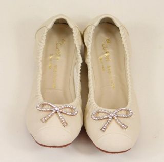 Girls Elegant Cream Off White Leather Glitter Crystal Bow Shoes US6.5 