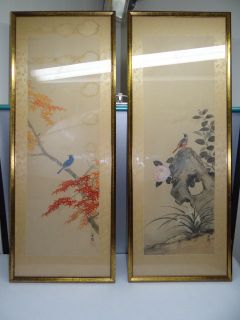 Pair of Antique Old Asian Birds Art Artwork Paintings on Silk Chinese 