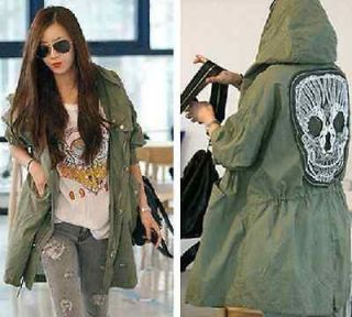 New Lady Womens Army Green Skull Heads Parka Trench Hooded Jacket Coat 