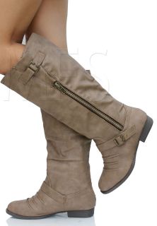 Light Taupe Faux Leather Side Zipper Knee High Riding Flat Boots Costa