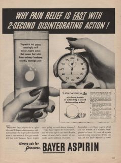 1945 VINTAGE BAYER ASPIRIN DISINTEGRATING ACTION PRINT AD