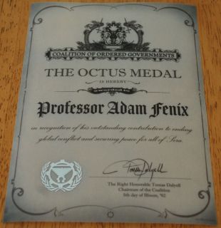   of War 3 Adam Fenix OCTUS MEDAL Award Certificate for HAMMER OF DAWN