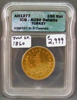 1860   AH 1277 250 Kurush  Turkey   Gold   Graded AU 50 Details