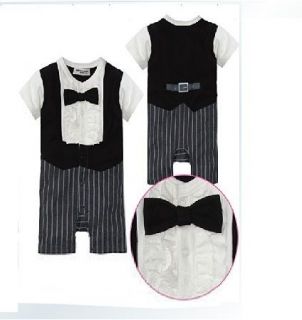 Baby Boy Formal Tuxedo SHORT SLEEVE Real Bow One Piece Romper Suit 