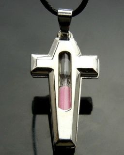  Pink Hour Glass CROSS COFFIN Stainless Steel Pendant Necklace Gothic