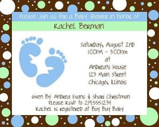 Baby Shower Invitations with polka dots and feet, Set of 10 invites 