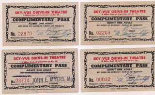 1960s Sky Vue Drive In Theatre (4) Obsolete Complimentary Passes