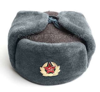 Russian Army Winter Fur Ski Hat Ushanka + Soviet Pin Badge Size S M L 
