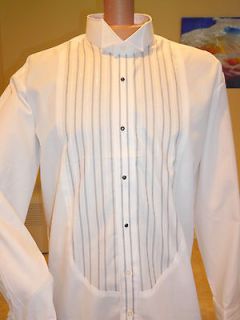 Men Tuxedo Bib Shirt XL 34 35 Pleat White Silver Stripes French Cuff 