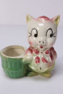 Vintage Ceramic Pottery Platner / Flower Pot Pig w/ Basket Unmarked