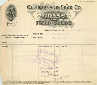 1922 Billhead Cumberland Seed Company Grass & Field Seeds Cumberland 