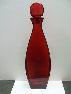 TALL RED GLASS DECANTER   MADE IN SPAIN   APPROX. 17 TALL