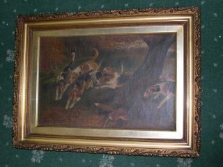 ANTIQUE DOG OIL PAINTING CANVAS FOXHOUND 1912 HUNTING
