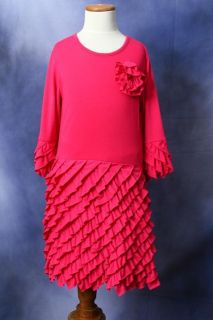 Halabaloo Fuchsia Pink Bias Diagonal Ruffle Knit Dress with Flower 