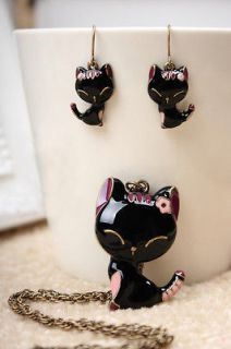 Hot Betsey Johnson Black cat Retro Style necklace &earrings Z05