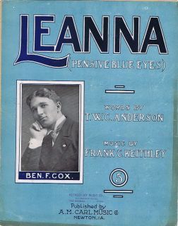 vintage sheet music Leanna (Pensive Blue Eyes) Ben F. Cox photo 1907