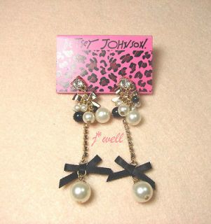 Betsey Johnson Pearls Black Ribbon Dangled Stud LONG Earrings *Gift 