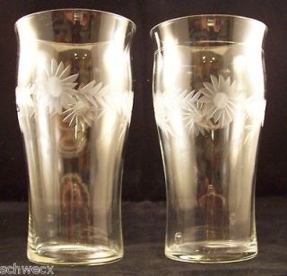 antique etched glass tumblers HARTMAN floral daisy leaf old rare 
