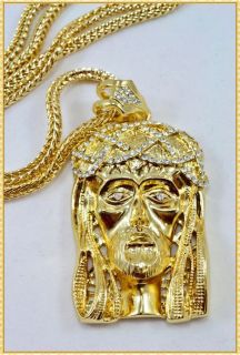 HIP HOP High End Gold Finish Iced Out Jesus Piece Pendant Long Franco 