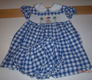 House of Hatten Blue Gingham Beach Palm Tree Smocked Dress w Bloomers 