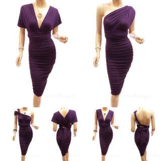 Unique Convertible Purple V Neck / One Shoulder Ruched Evening Dress 
