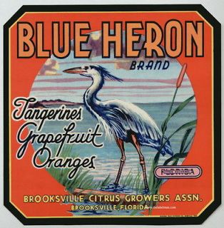 BLUE HERON Vintage Brooksville FL Citrus Crate Label