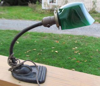 RARE Single Student Bankers Lamp Green Cased Shade Goose Neck Art Deco 
