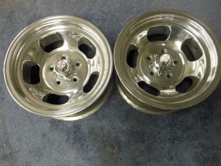   PAIR ORIGINAL US SLOTTED INDY MAG 15X7 NEWLY POLISHED 5 ON 4.3/4 CHEVY