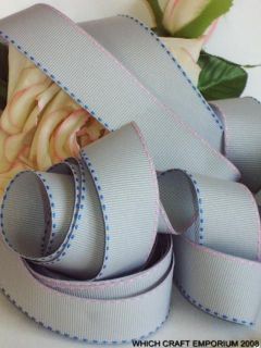 YARDS PRETTY GREY~PINK/BLUE SADDLE STITCH DETAIL grosgrain ribbon 