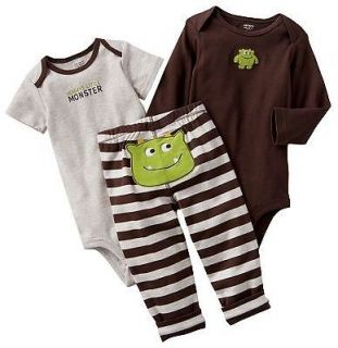 NWT Carters Baby Boy Clothes Set 2 Bodysuits Pants Brown Monster 3 6 9 