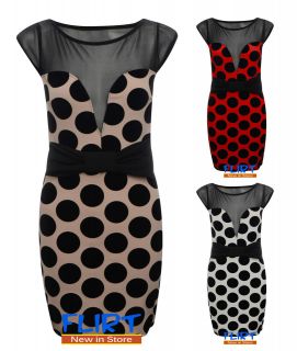 Womens Polka Dot Mesh Insert Top Bodycon Dress Ladies Spotted BOW 