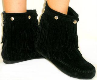   Indian Suede Moccasin Fringe Tassel Flat Boots Ankle Bootie BLACK 7