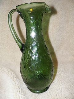 LARGE GREEN CRINKLE GLASS PITCHER ~ AIR BUBBLES ~ APPLIED HANDLE ~