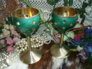 2Pc PAIR INDIA Brass ? ENAMEL Painted PEDISTAL GOBLET Candle Holder 