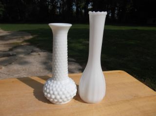 Two Vintage Milk Glass Bud Vases   Hobnail E.O. Brody and Ribbed