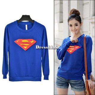 Korea Cute Women Superman Logo Print Round Neck Long Sleeves T shirt 